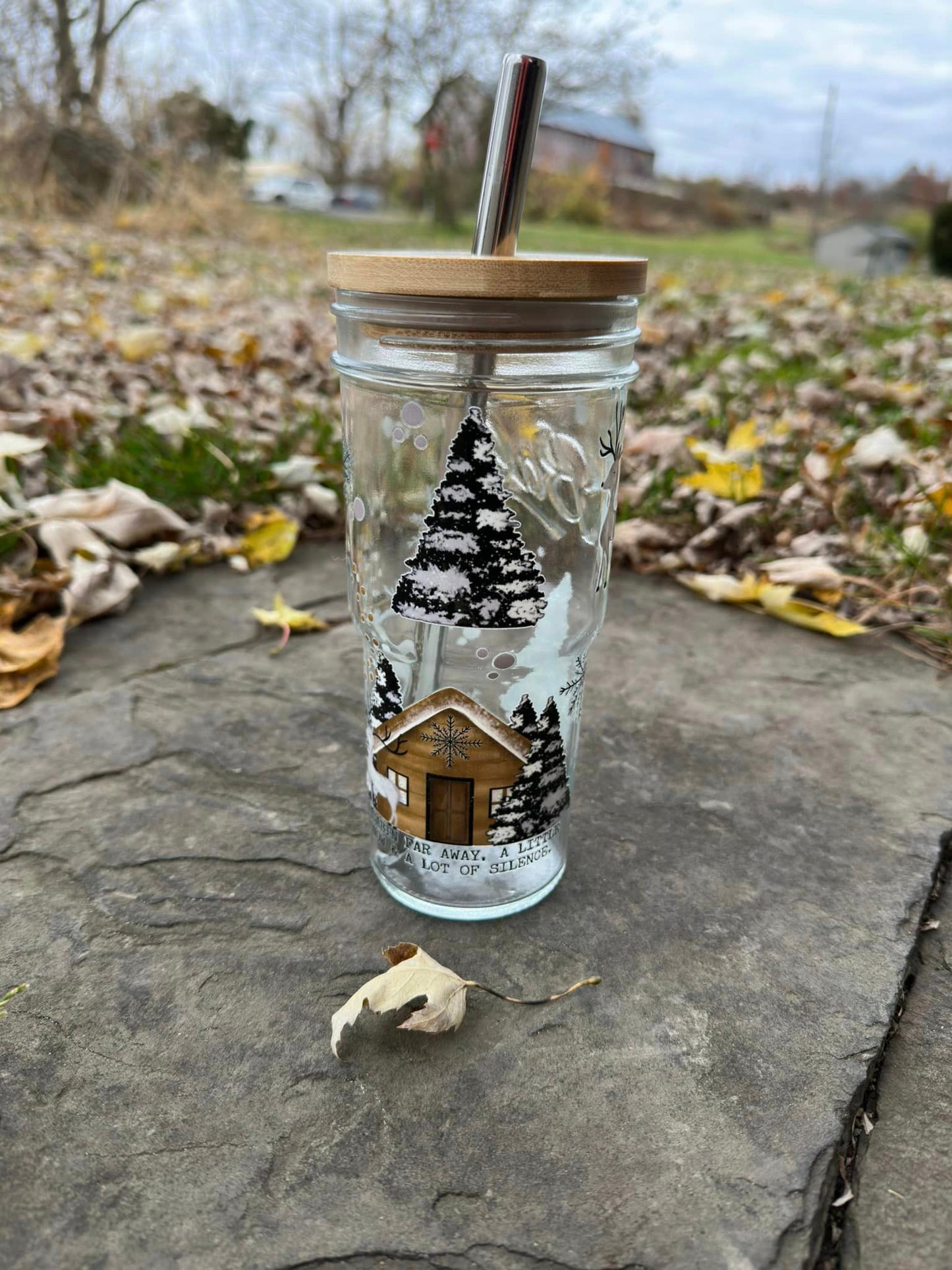 Winter Cabin Canning Jar Cup